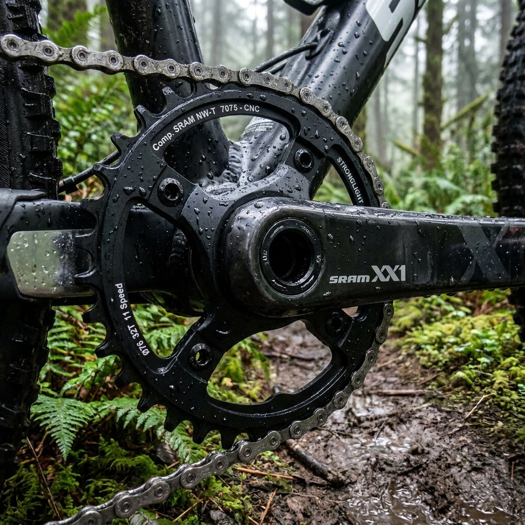 Stronglight Kettenblatt MTB SRAM XX1 1x11 4-Arm 38Z mit Gewinde schwarz, nass am Bike im Wald.
