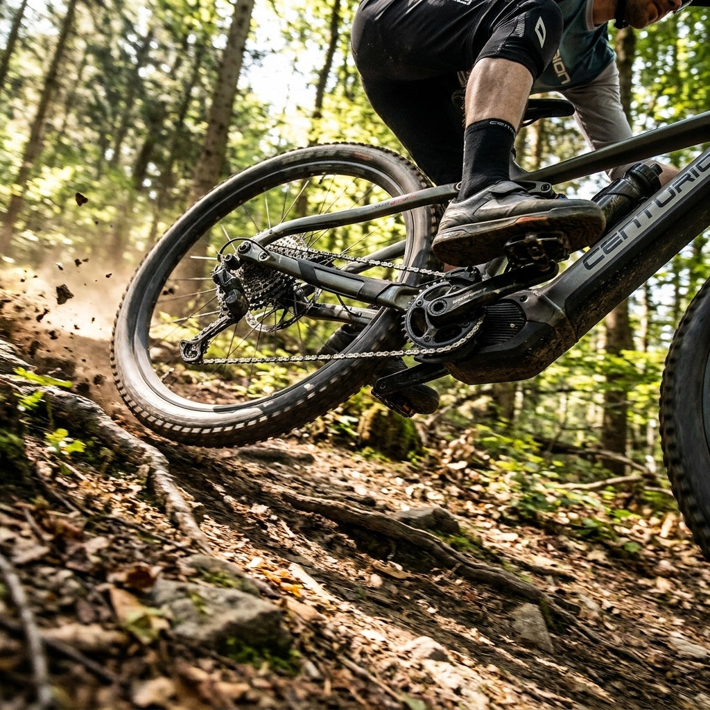 Mountainbiker auf Centurion E-MTB mit Kettenführung auf wurzeligem Trail. Staub fliegt. Zuverlässige Kettenkontrolle.