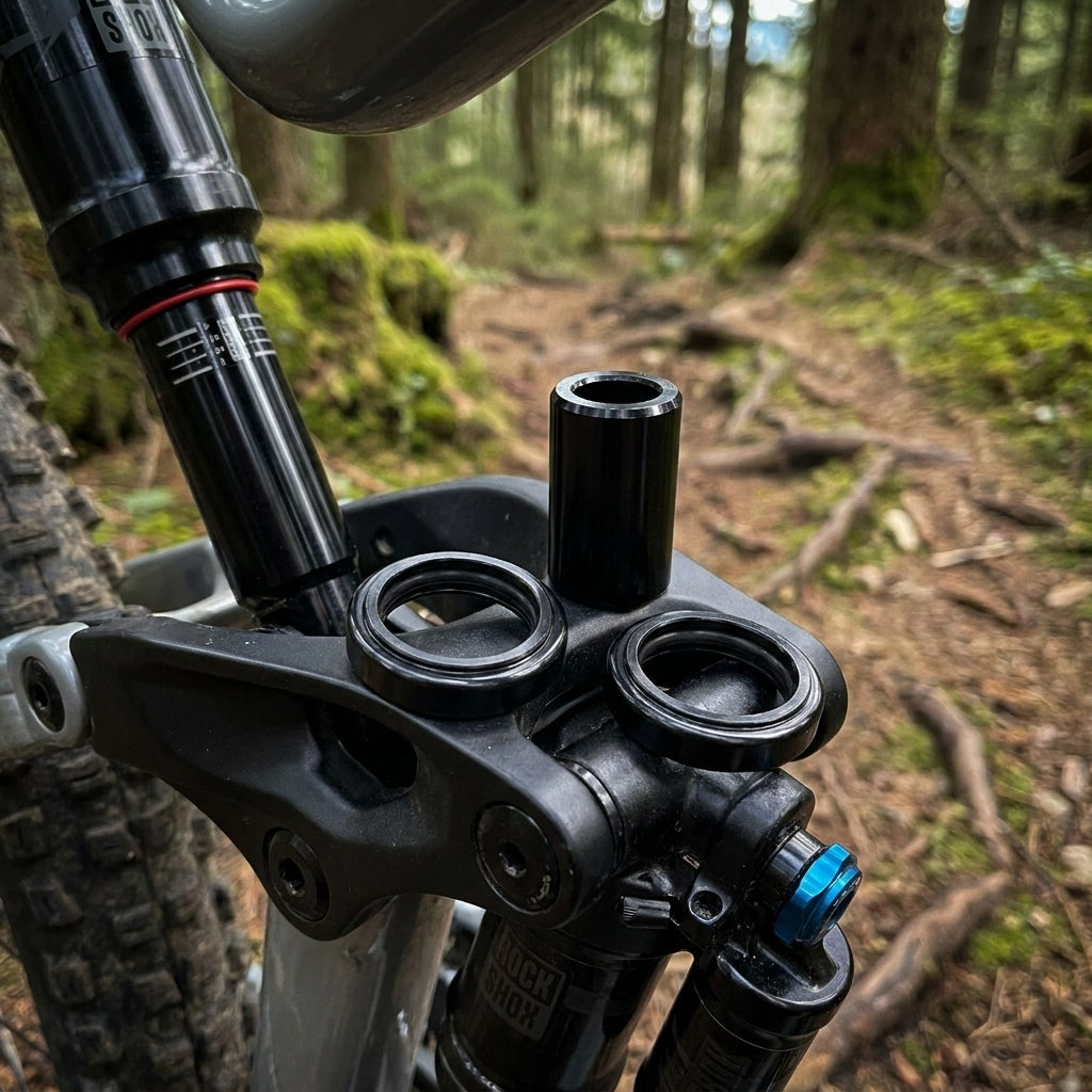 Rockshox Dämpferbuchsen-Set Metric offset 10x60mm Stahl auf Mountainbike-Federung im Wald.