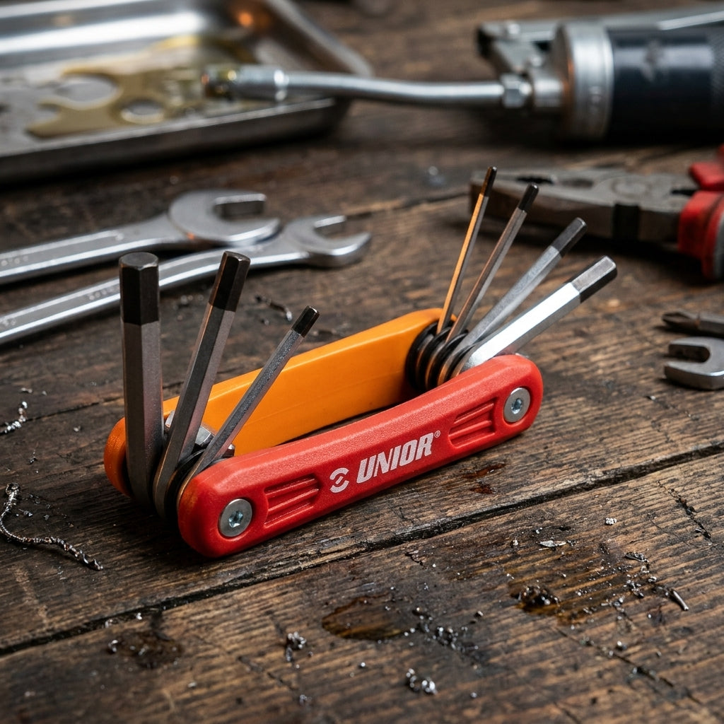 Unior Multitool Euro7 rot mit 7 Funktionen, offenes Fahrradwerkzeug auf Werkbank.