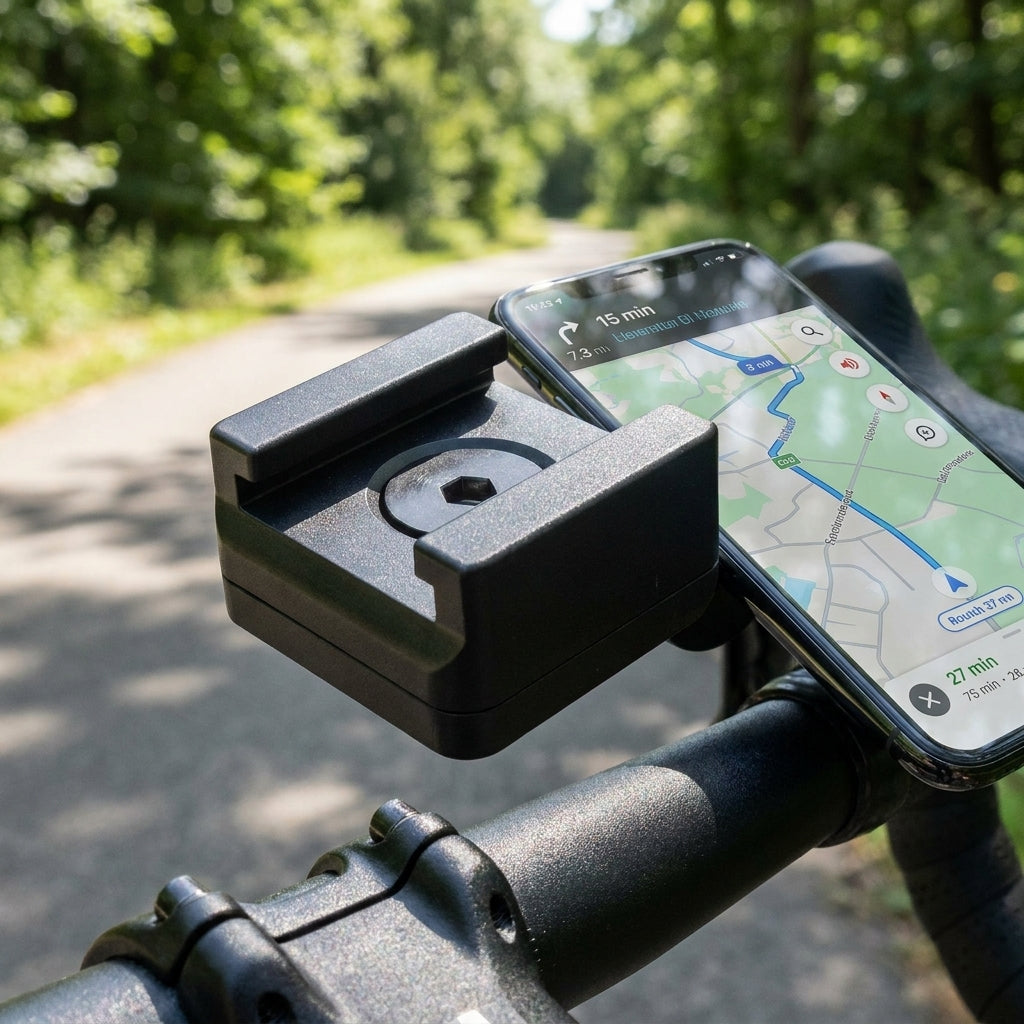 Ergotec SP-Connect Adapter schwarz, verstellbar, am Fahrradlenker montiert, hält Smartphone mit Navi.