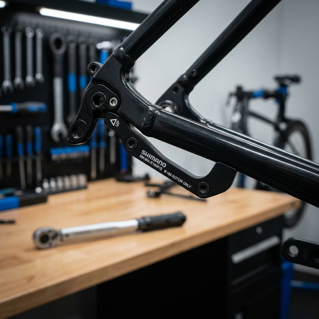 SHIMANO Scheibenbremsadapter SM-MA-R160P/S hinten PM auf IS für 160mm Bremsscheiben, in Werkstatt.