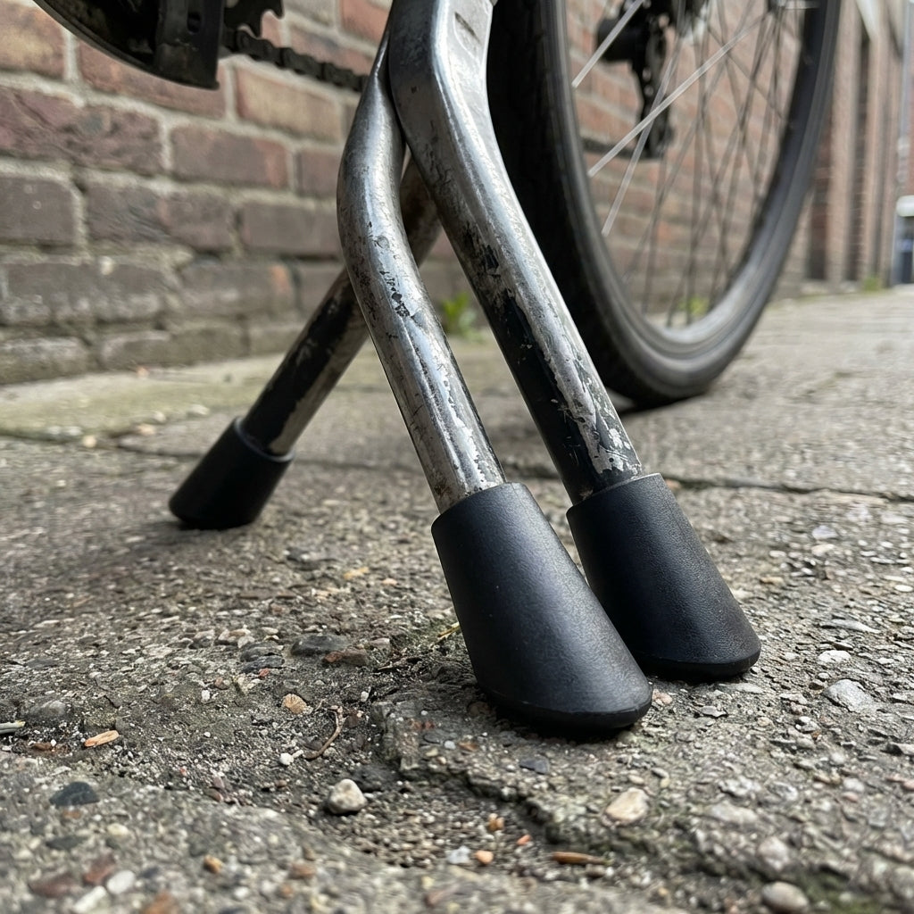 Esge Ständer-Plastikfüße F 24 für Zweibeinständer am Fahrrad auf grobem Betonuntergrund.