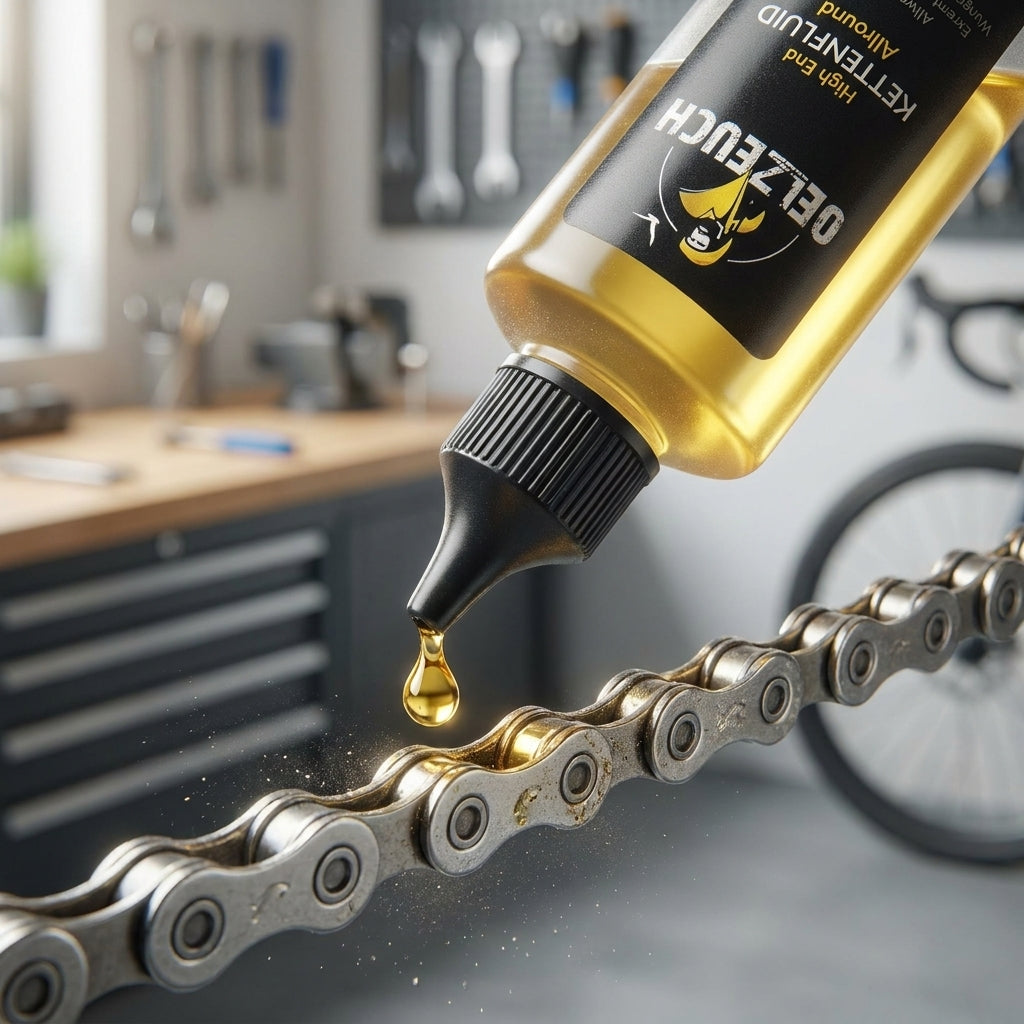 Atlantic Oelzeuch Kettenöl 100ml mit Spritztülle tropft auf eine Fahrradkette in einer Werkstatt.