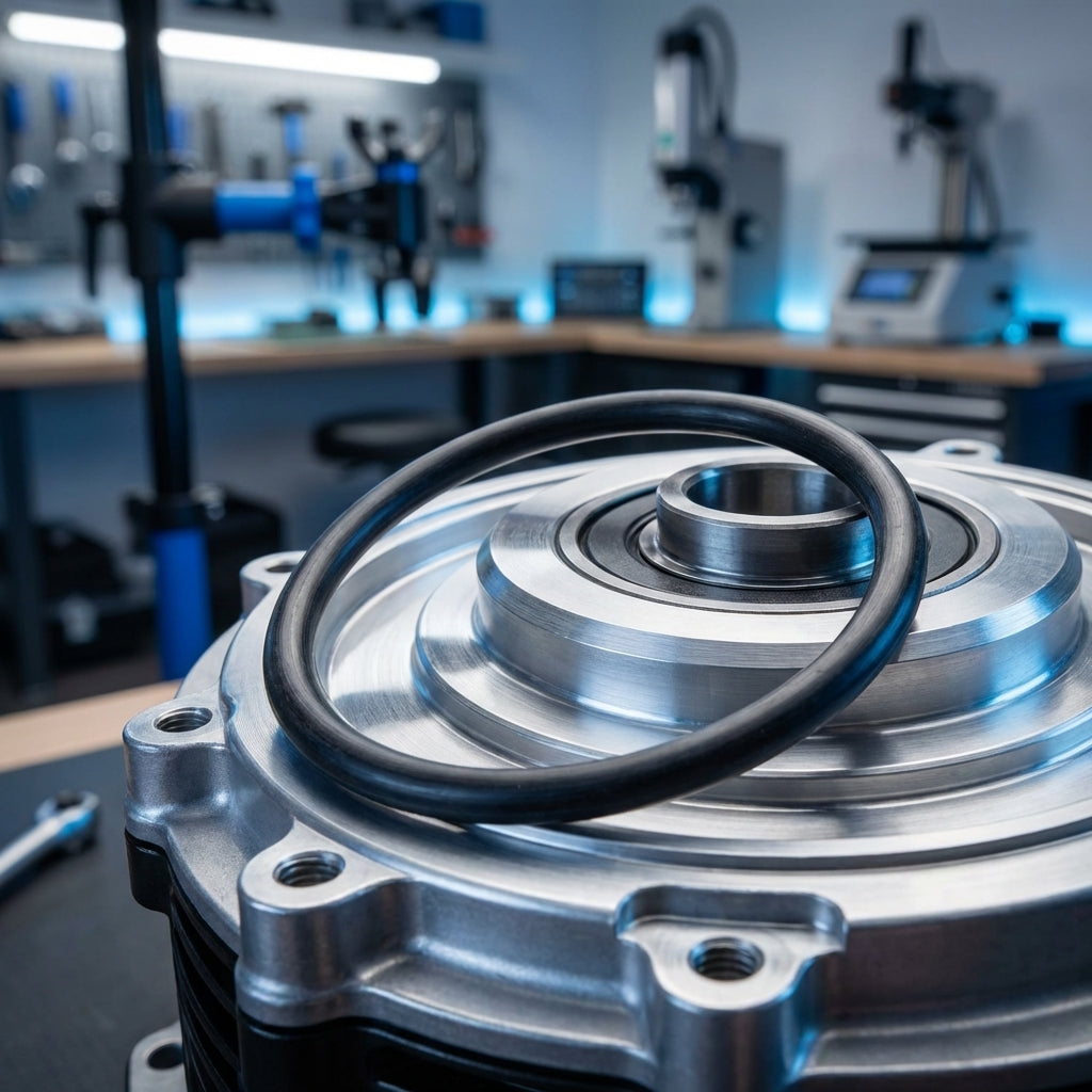 Schwarzer Bosch O-Ring für BDU4XX und BDU37YY Antriebe auf einem silbernen E-Bike Motor in einer Werkstatt.