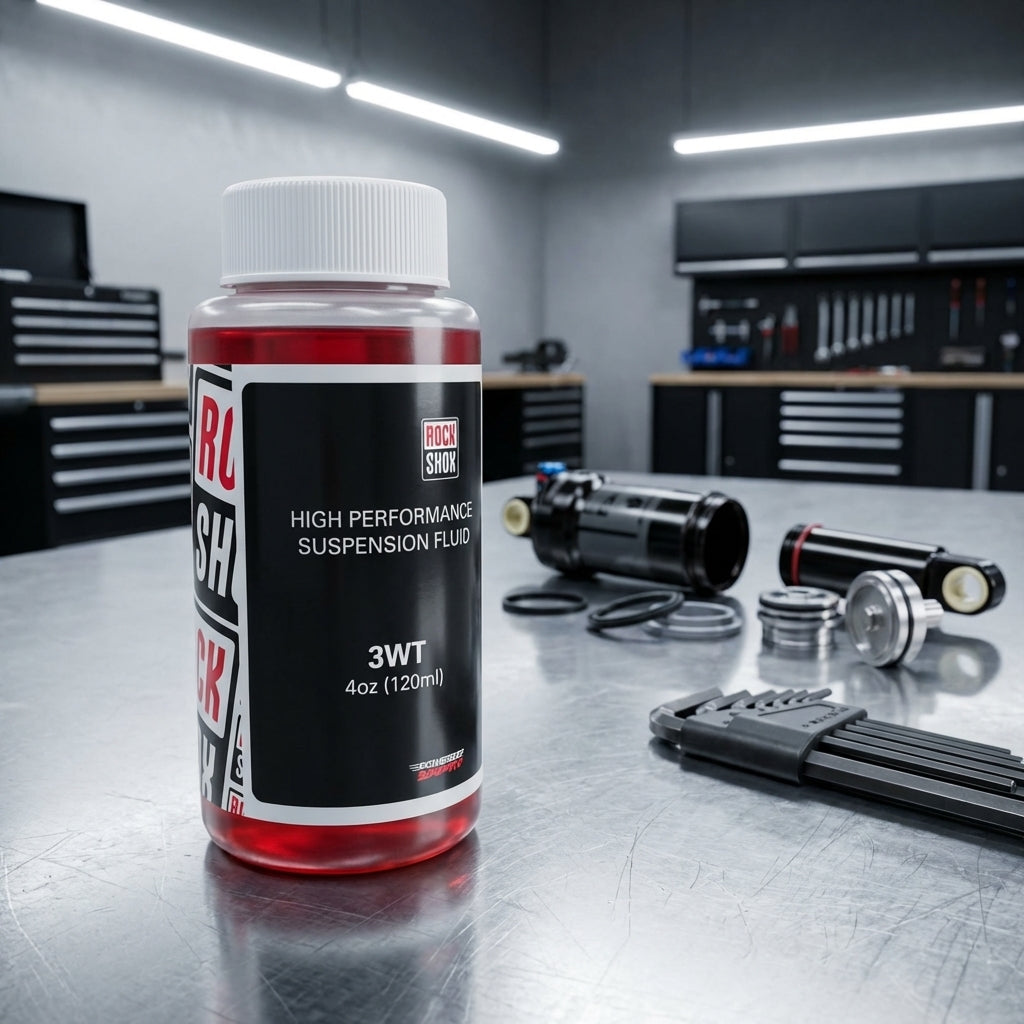 RockShox 3wt 120ml Federungsflüssigkeit in Werkstatt mit zerlegten Stoßdämpfern und Werkzeug.