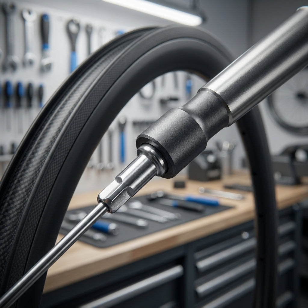 Campagnolo Magnetischer Nippeleinsatz UT-WH035 an MoMag-Fahrradfelge zur Nippelmontage in der Werkstatt.