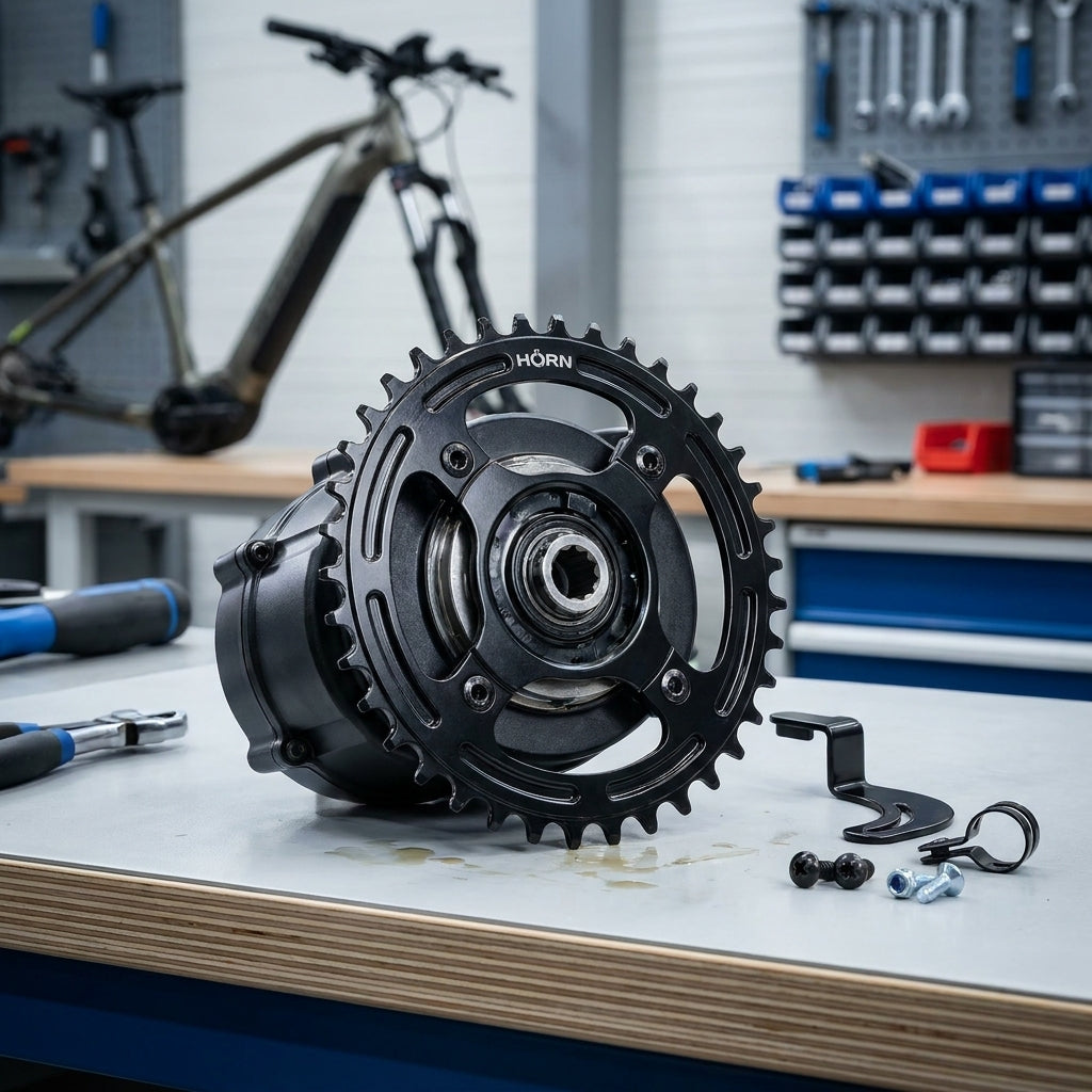 Horn Steckbrille Catena 18, 38 Zähne, schwarz für Bosch Gen. 3 E-Bike Motor auf Werkbank.