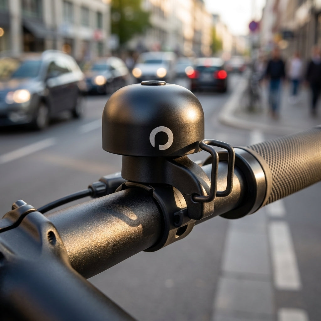 Procraft DIN-Dong Ultimate Fahrradklingel in Schwarz, laut und stilvoll am Lenker montiert in der Stadt.