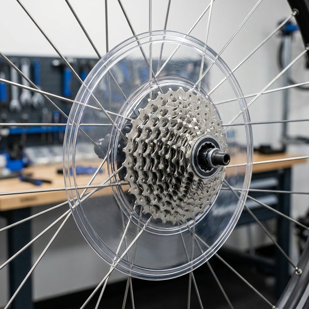 Transparente Shimano Speichenschutzscheibe CP-FH35 schützt Kassette und Speichen eines Fahrradhinterrads.