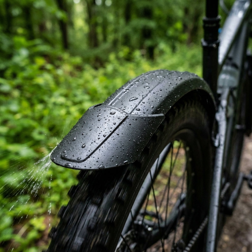 XLC Schutzblech mit Spoiler Set (36mm) schützt Fahrradreifen vor Spritzwasser im Wald.