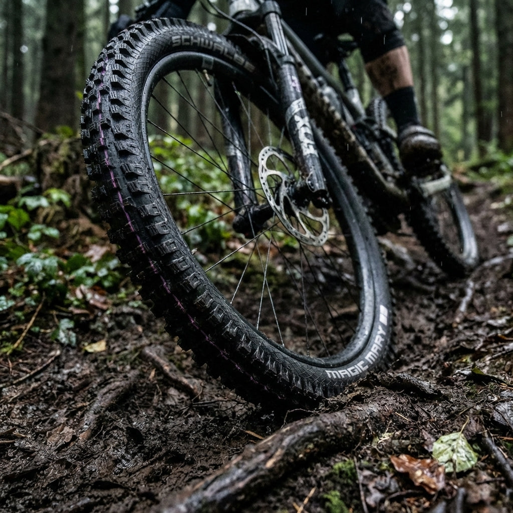 Schwalbe Magic Mary Faltreifen auf Mountainbike im schlammigen Waldtrail. Nahaufnahme des Vorderreifens in Kurve.