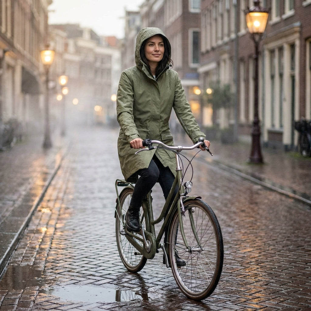 Basil Regenparka Mosse Damen Olive Green. Wasserdichter und atmungsaktiver Fahrradparka für stilvolle Fahrten bei Regen. Optimaler Schutz.