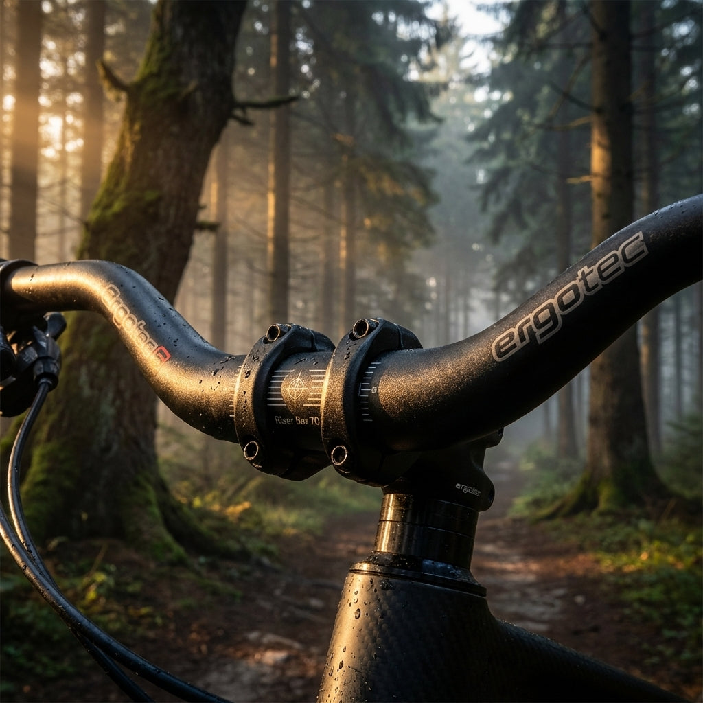 Ergotec Riser Bar 70 MTB Lenker schwarz mit 35mm Klemmung und 70mm Rise für ergonomisches Radfahren.