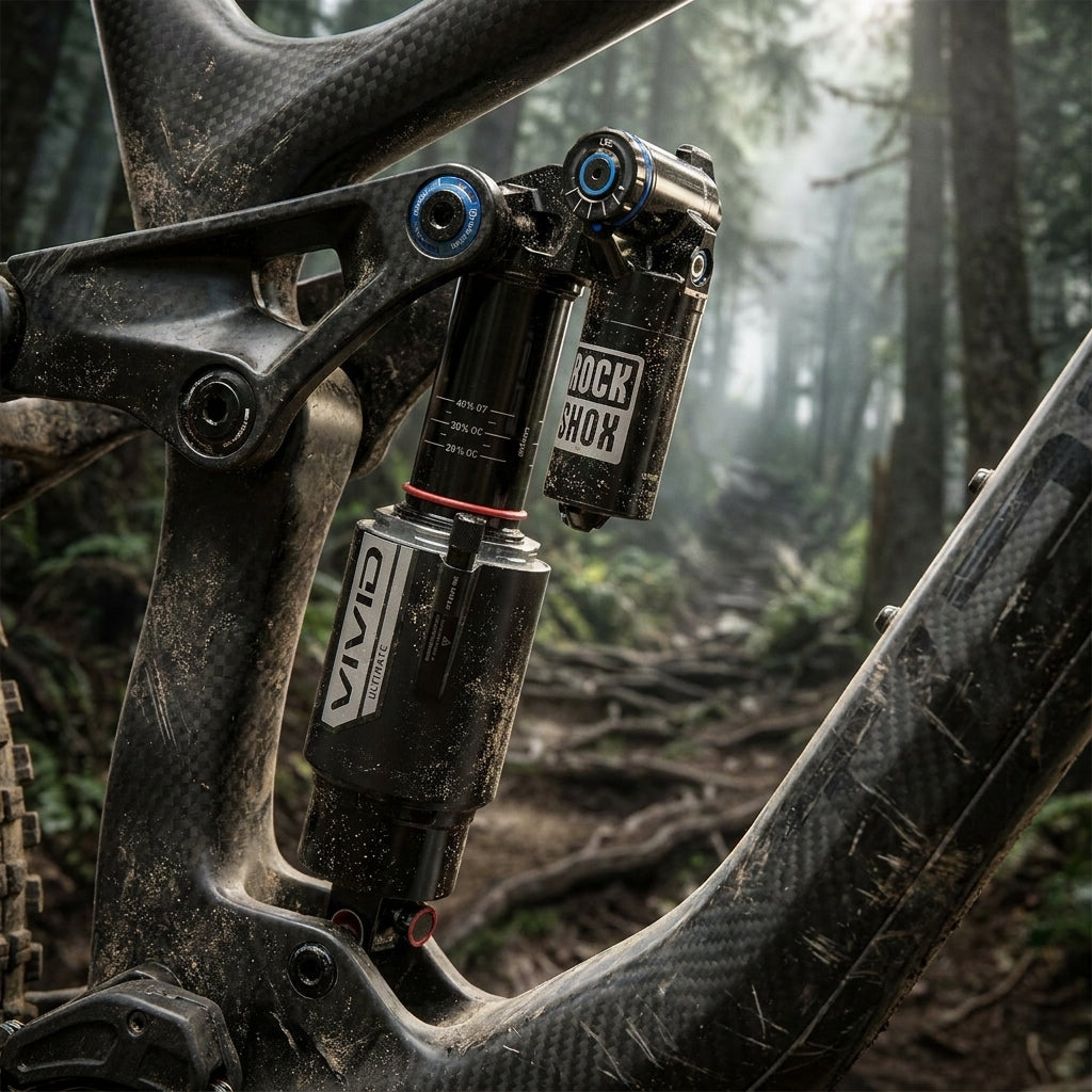 Rockshox Vivid Ultimate DH Dämpfer schwarz am Carbon-Mountainbike-Rahmen auf schlammigem Waldweg.