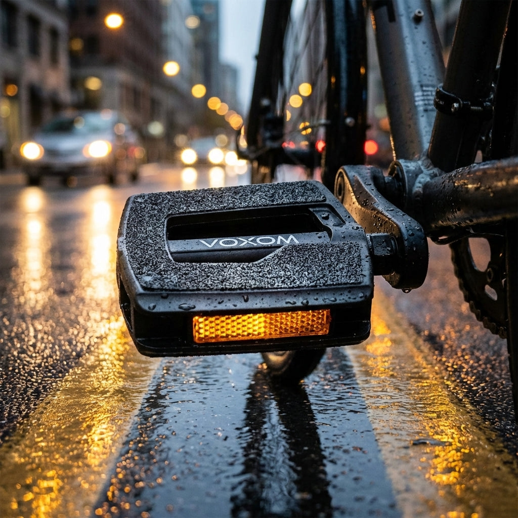 Voxom Touring Pedale Pe1 schwarz am Fahrrad im Regen auf nasser Stadtstraße mit Reflektor.
