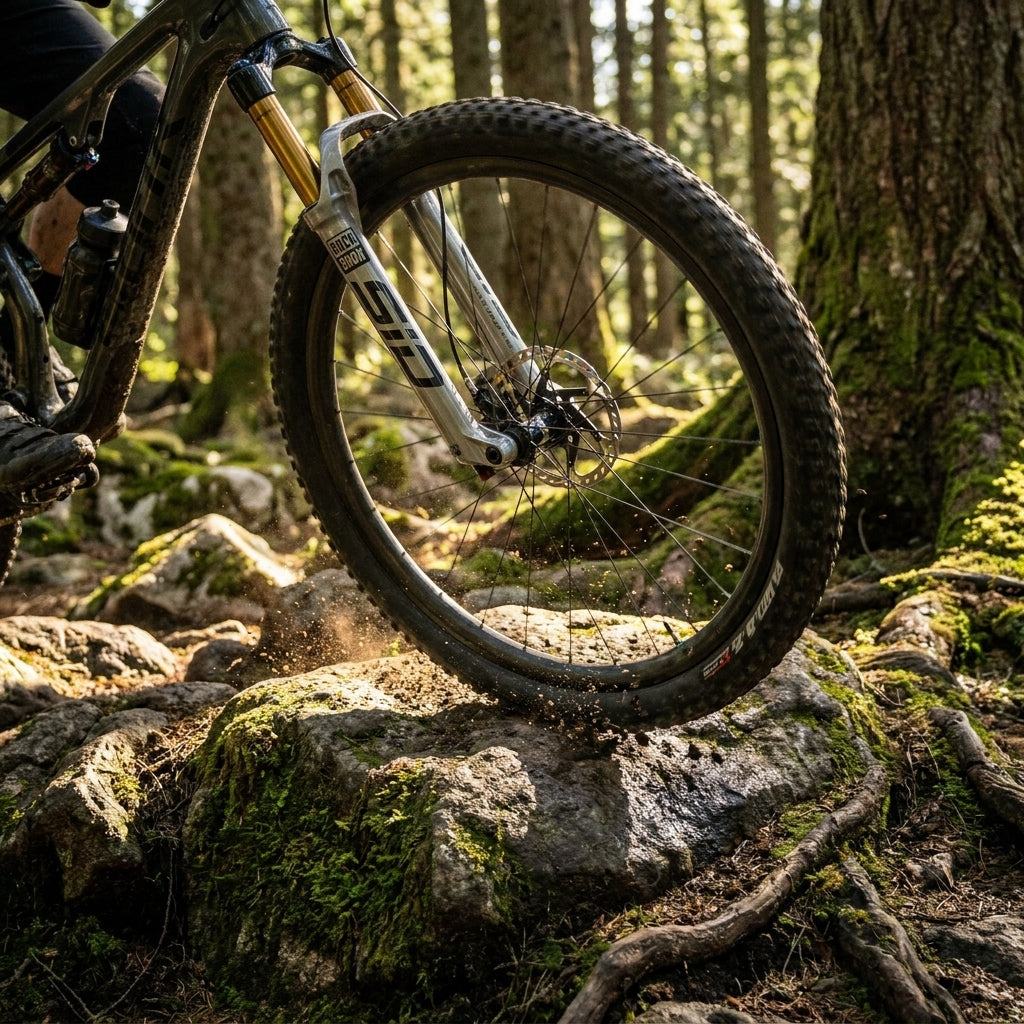 RockShox SID Federgabel am Mountainbike über Felsen auf sonnigem Waldpfad.