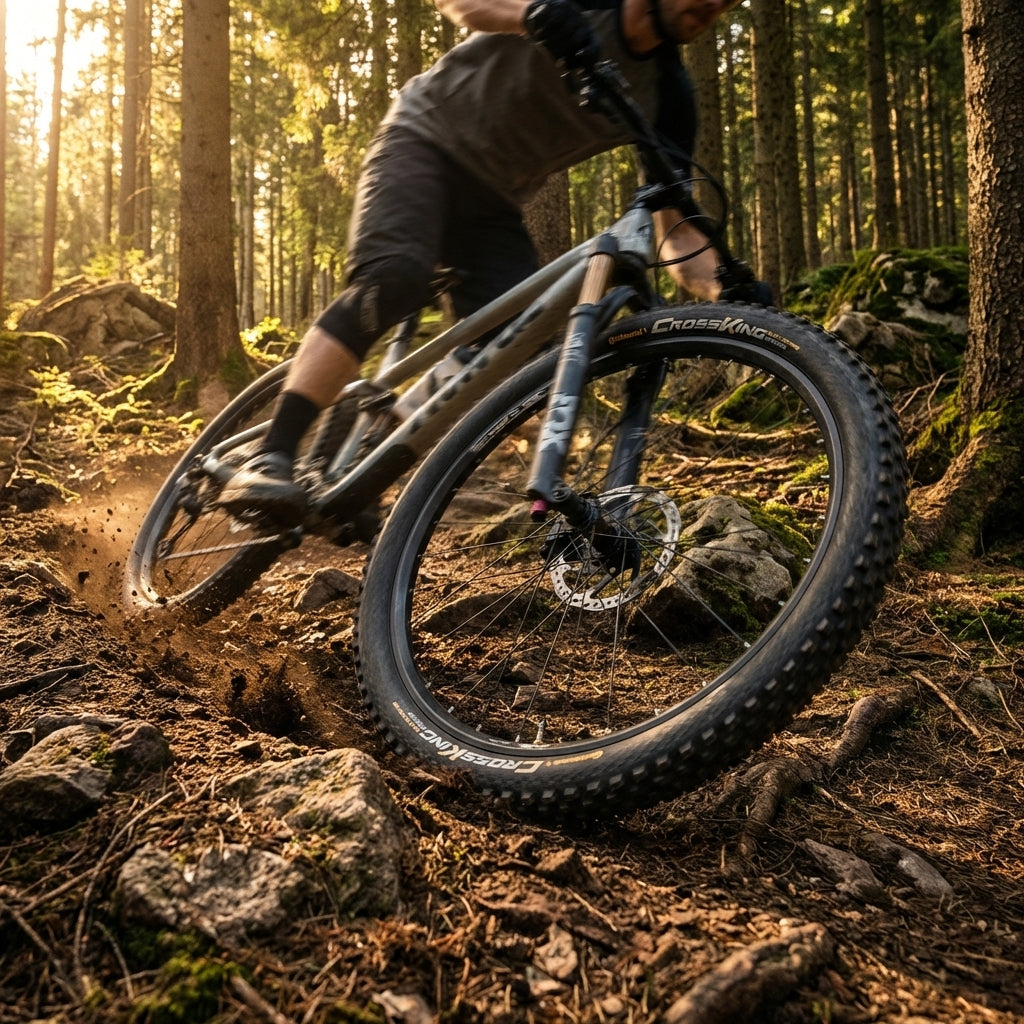 Mountainbiker fährt Continental Cross King 27.5x2.80 Reifen auf staubigem Waldtrail, Staub wirbelt auf.