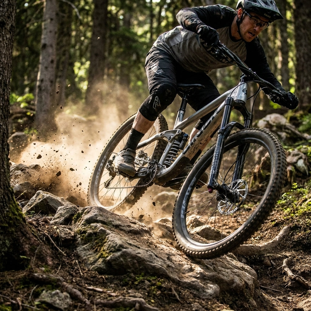 Rockshox Federung im Einsatz: Mountainbiker auf Fullsuspension-Bike im Gelände.