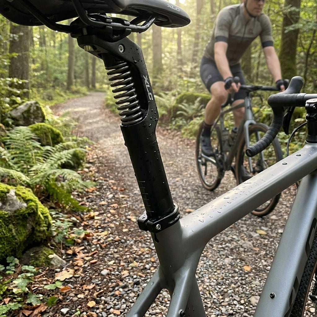 Schwarzes XLC Federelement SP-S11 medium an Gravelbike-Sattelstütze auf nassem Waldweg.