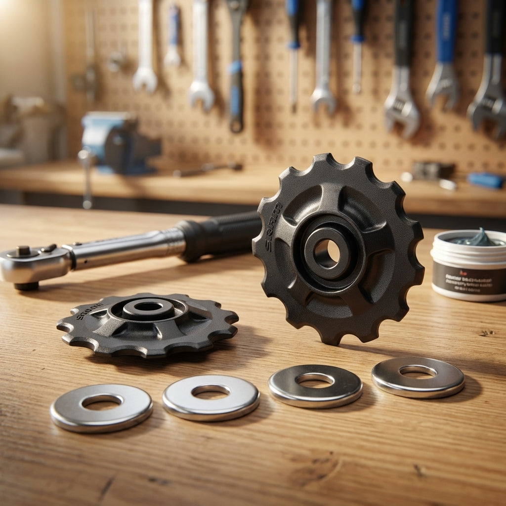 SRAM X.5 9-/10-fach 10-fach Schaltrollen-Set mit Drehmomentschlüssel und Fett auf Werkbank.
