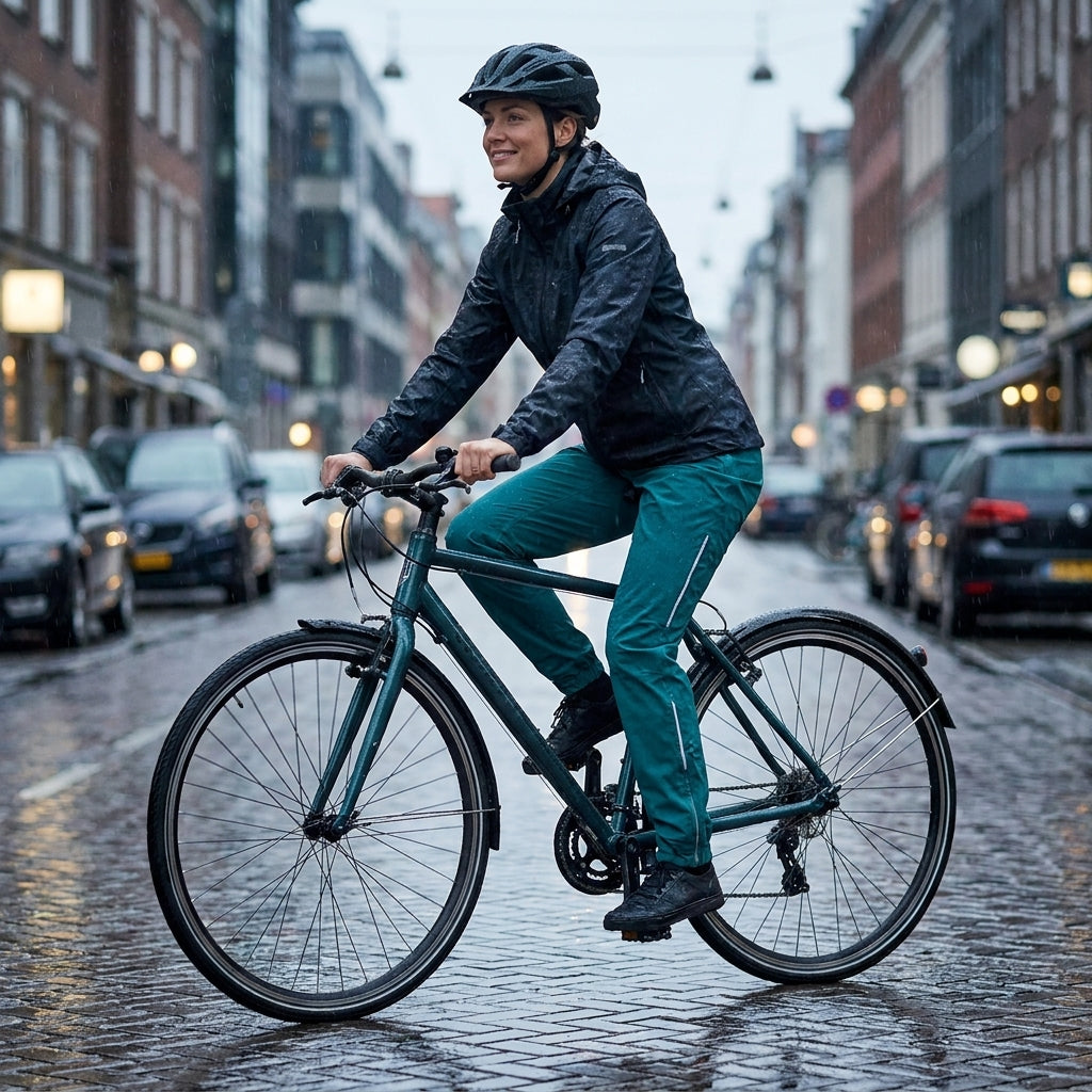 Basil Skane Damen Regenhose in Teal Green. Wasserdichte Fahrradhose für Frauen mit Stretch, Reflektoren und abnehmbaren Beinen.