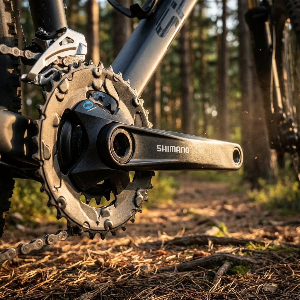SHIMANO Kurbelgarnitur FC-M315-2 7/8-fach 36-22 Zähne, robuste MTB-Antriebseinheit, am Bike im Wald.