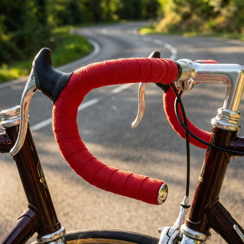 Fahrradlenker mit feuerrotem Velox Lenkerband TRESSOSTAR aus Baumwolle und Stopfen.