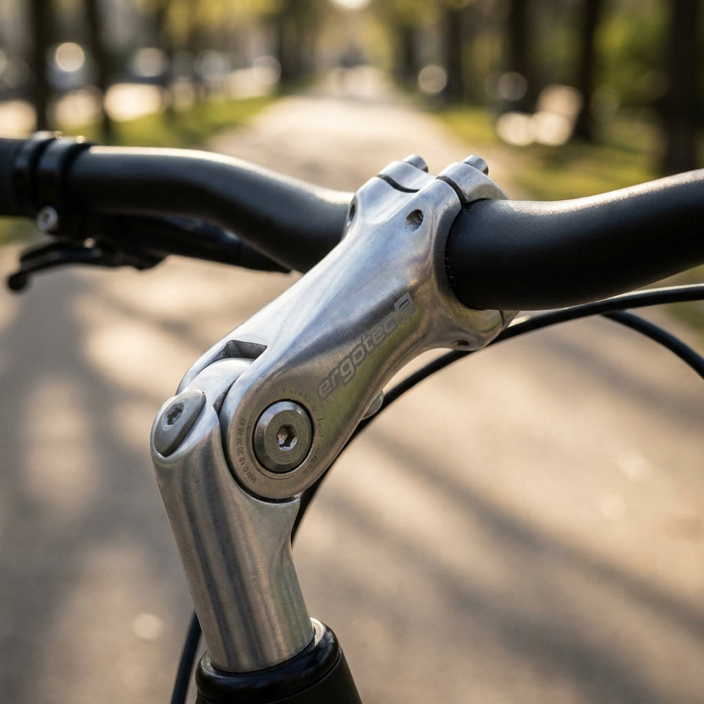 Ergotec Kobra Vario Fahrradvorbau silber, verstellbar, am Lenker montiert auf einem Radweg mit Bäumen.