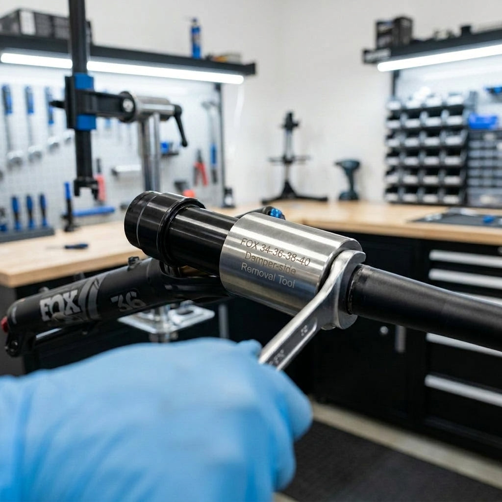 FOX Federgabel Dämpferseite Ausbau Werkzeug für 34, 36, 38, 40 Gabeln. Präzises MTB Service Tool für professionelle Wartung.