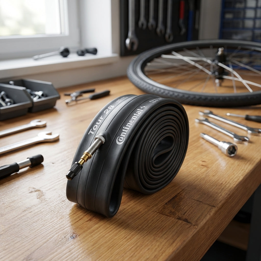 Continental Schlauch TOUR 28 wide 28x1.75-2.50Z SV 42 mm auf Werkbank mit Fahrradwerkzeug.
