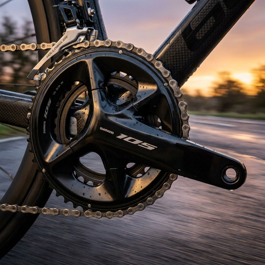 SHIMANO 105 FC-R7100 Kurbelgarnitur (52-36) am Rennrad auf nasser Straße bei Sonnenuntergang.