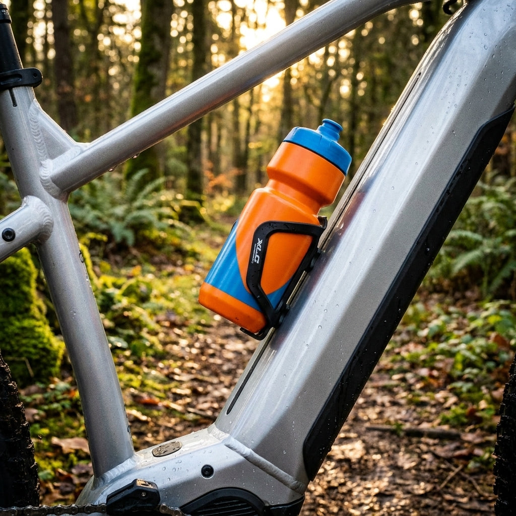XLC MRS Multimount MR-S10 schwarzer Flaschenhalter am E-Bike mit orange-blauer Trinkflasche auf feuchtem Waldweg.