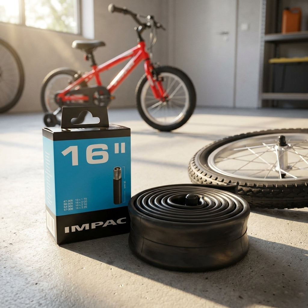 Impac Fahrradschlauch 16 Zoll AV 35 mm für Kinderfahrrad, mit Laufrad und Fahrrad im Hintergrund.