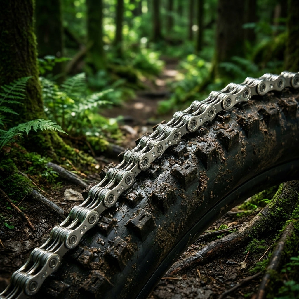 SHIMANO DEORE CN-M6100 12-fach Fahrradkette auf schlammigem Mountainbike-Reifen im Wald.