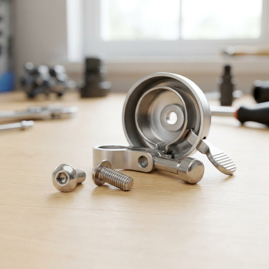 Knog Oi Luxe Fahrradklingel Ersatzschraube silber mit Klingel auf Holztisch.