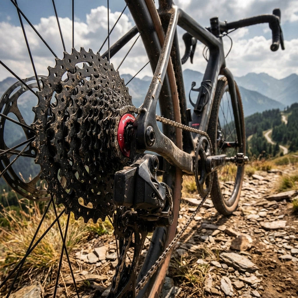 SunRace CSRX8 11-fach 11-42T schwarze Kassette an schmutzigem Gravelbike auf Bergweg.