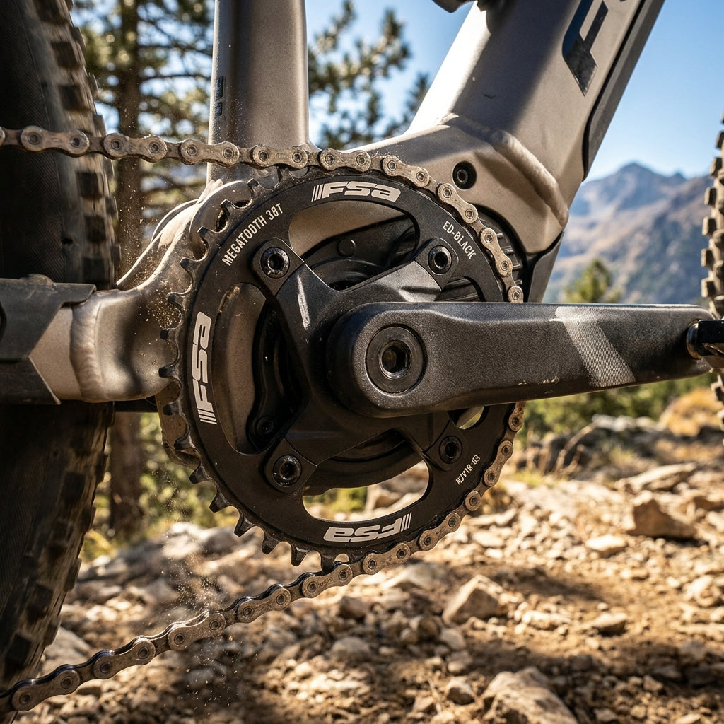 FSA Megatooth Kettenblatt 38 Zähne Stahl für Bosch Gen4 E-Bike Motor. Robustes Direct Mount Kettenblatt mit Kettenschutz.