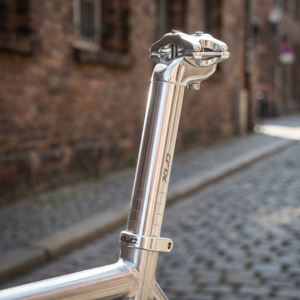 Silberne XLC Sattelstütze 25,4mm, 350mm am Fahrradrahmen mit Kopf und Klemmung.