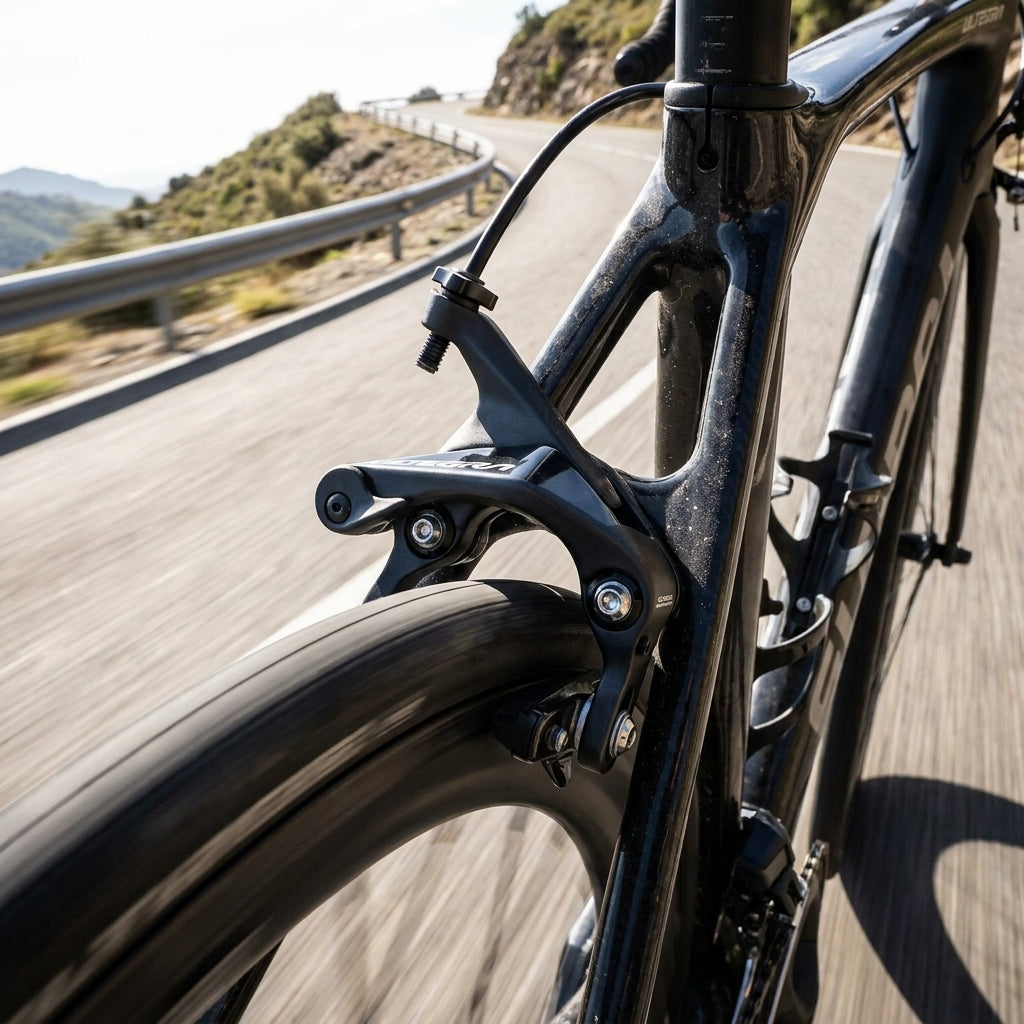 SHIMANO ULTEGRA BR-R8110 Rennrad Hinterrad-Felgenbremse am fahrenden Fahrrad auf kurviger Straße.