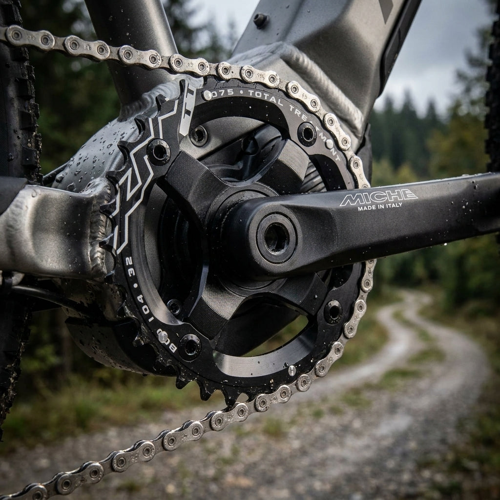Miche E-Bike Kettenblatt und Kurbel an einem E-Mountainbike auf einem Waldweg.