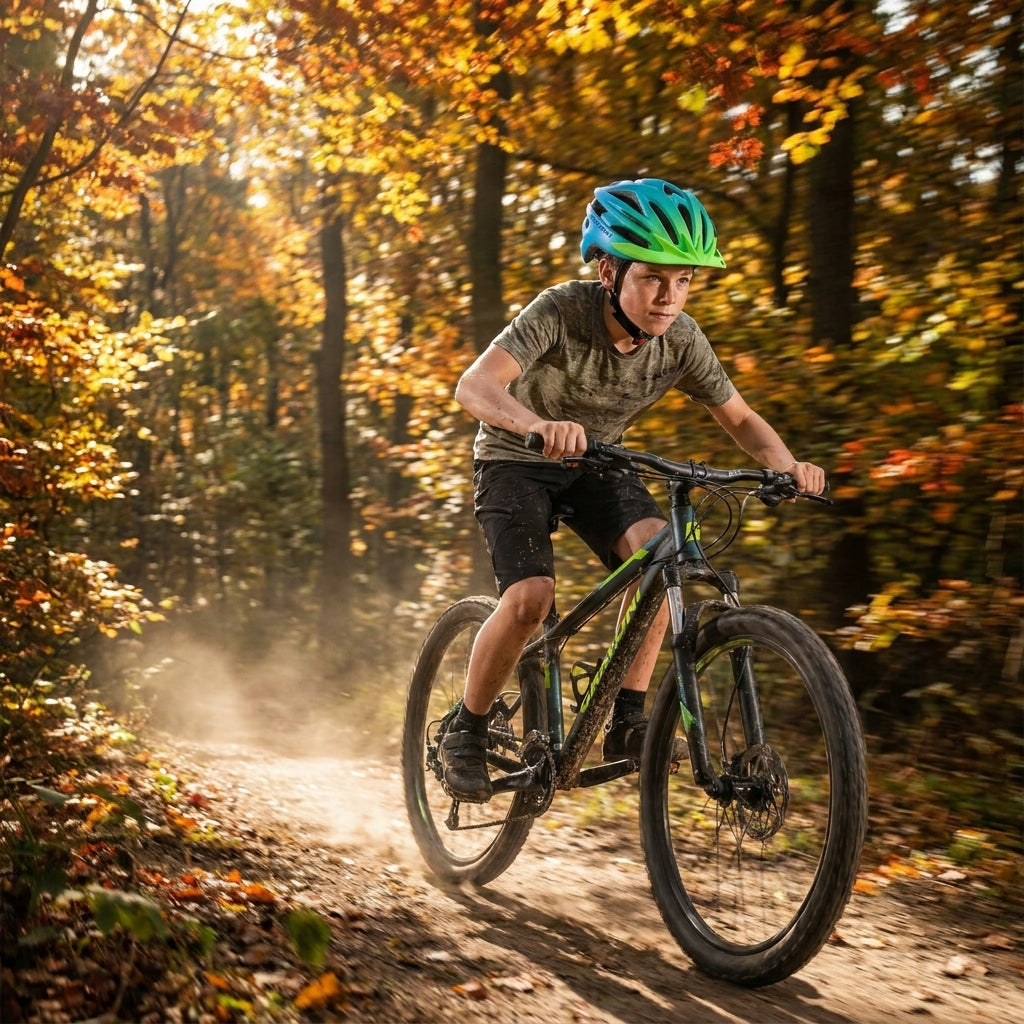 Junge auf Mountainbike mit Cratoni Pacer jr Kinderhelm grün-blau matt im Herbstwald.