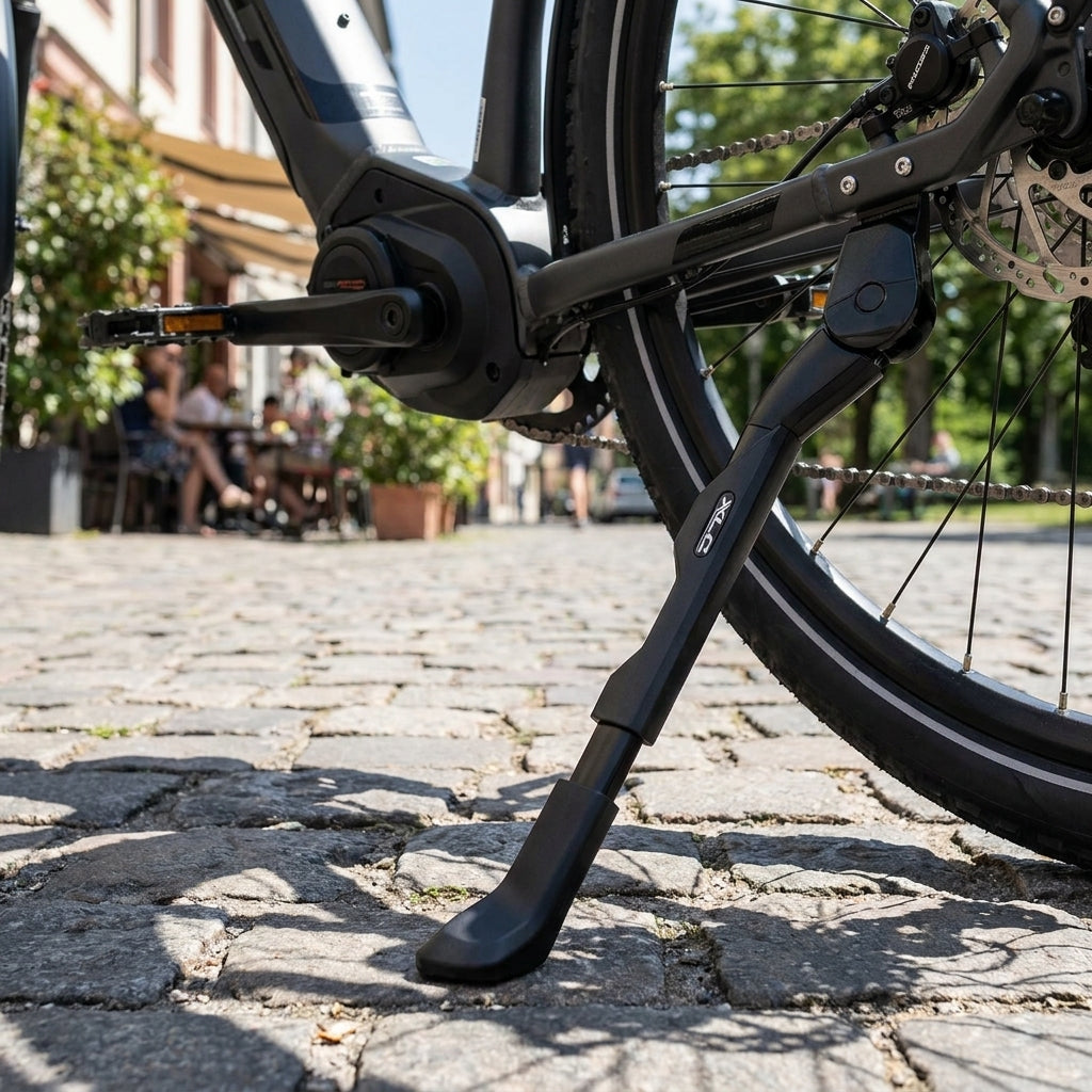 XLC Hinterbauständer KS-C06 schwarz, verstellbar 26-29" am E-Bike auf Kopfsteinpflaster.