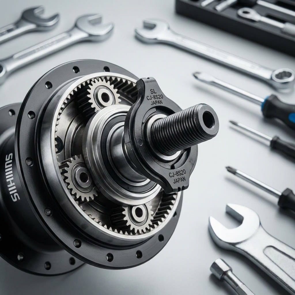 SHIMANO Sicher-Unterlegscheibe CJ-8S20 für Fahrrad-Getriebenabe, Detailansicht mit Zahnrädern und Werkzeug.