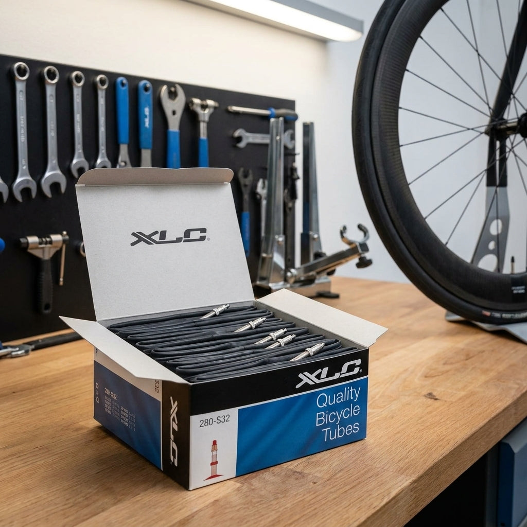 Offene XLC Fahrradschlauch 50er Werkstattbox mit SV33 Ventilen auf Holzwerkbank im Reparaturshop.