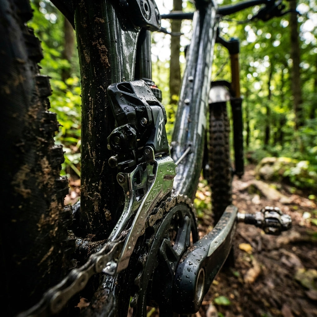 SHIMANO SLX FD-M7100 2-fach Direktmontage MTB Umwerfer am schlammigen Bike im Wald. Präzise Kettenführung.