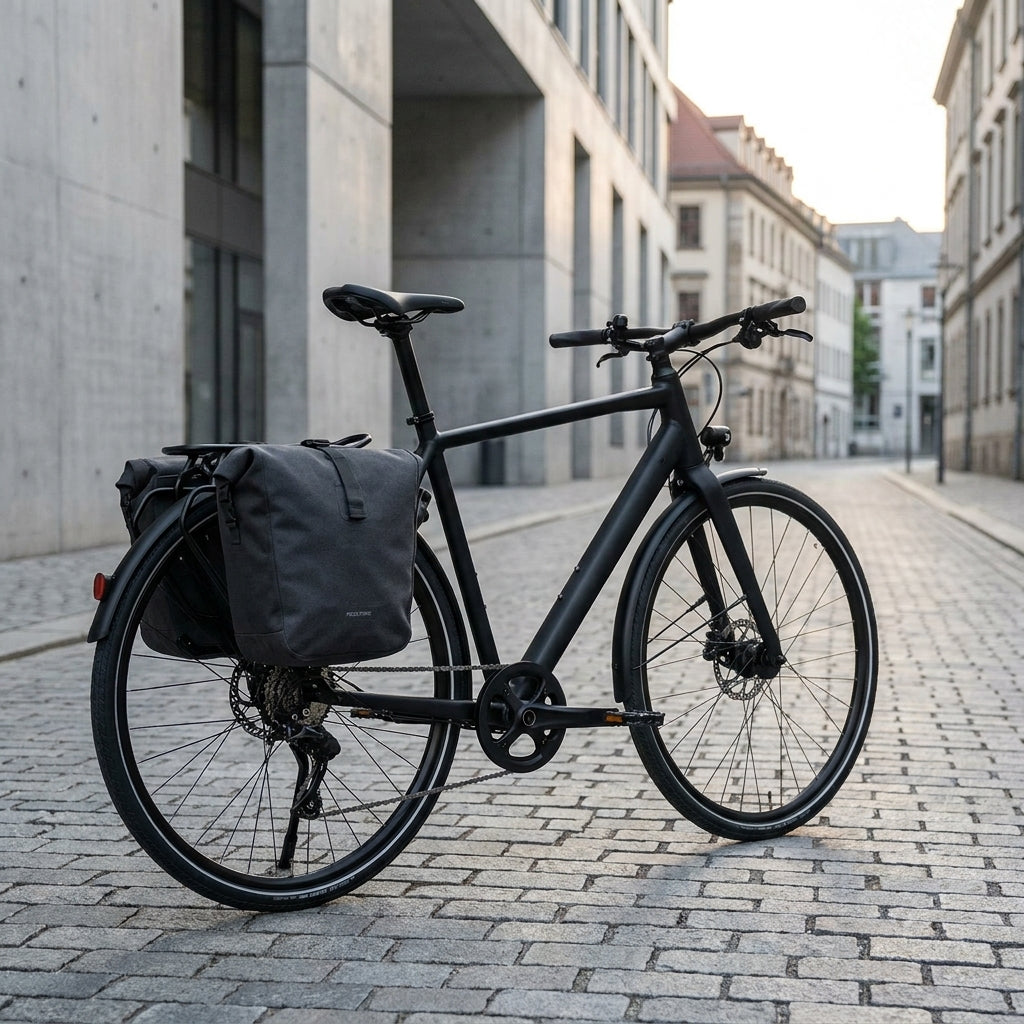 Racktime Gepäckträger LIGHT IT Tour 2.0 28 Zoll schwarz am schwarzen Fahrrad mit Packtaschen auf Kopfsteinpflaster.