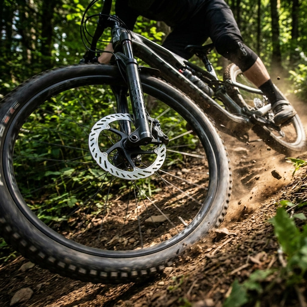 SHIMANO RT-CL700 Bremsscheibe am Mountainbike eines Bikers im Wald, Staub wirbelt.