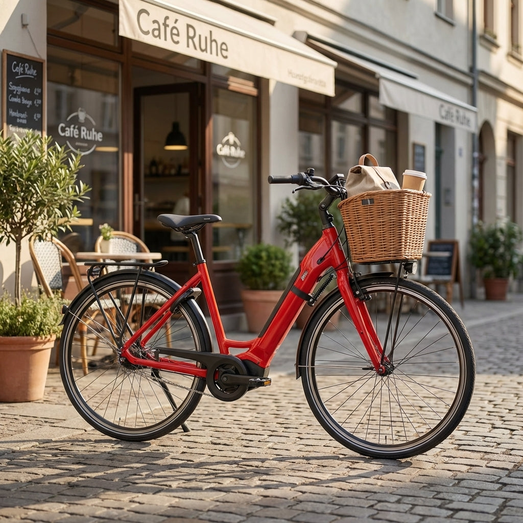 Rotes E-Bike mit Hebie 695 Lenkungsdämpfer, stabil geparkt vor einem Café.