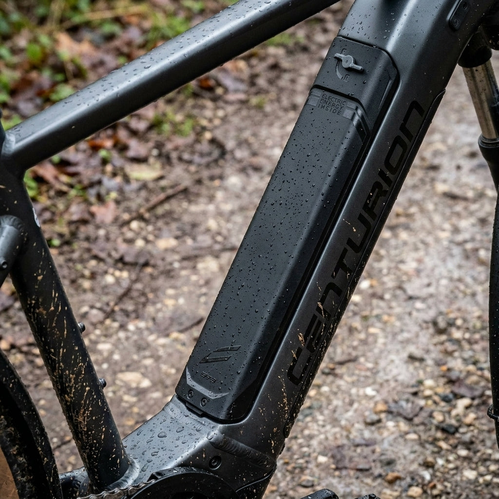 Schwarze Centurion E-Bike Intube-Batterieabdeckung, regennass und schmutzig auf Waldboden.